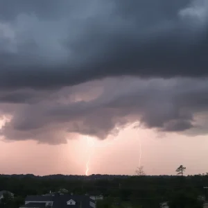 Severe thunderstorms over central Alabama sky with dark clouds and lightning.