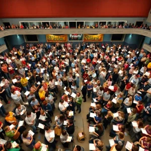 A vibrant scene from the Scripps National Spelling Bee with young spellers and an audience in anticipation.