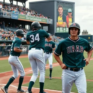 UAB baseball players in a competitive game against Alabama State