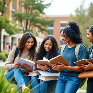 Diverse group of students studying together on campus