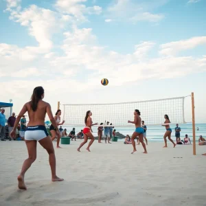 UAB women's beach volleyball team competing on the sand court.