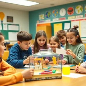 Students engaged in a learning activity in a colorful classroom