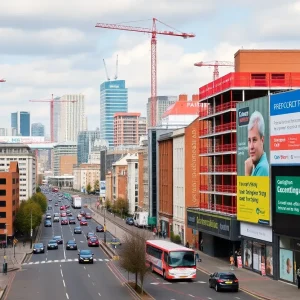 Birmingham city skyline with visible job opportunity signs