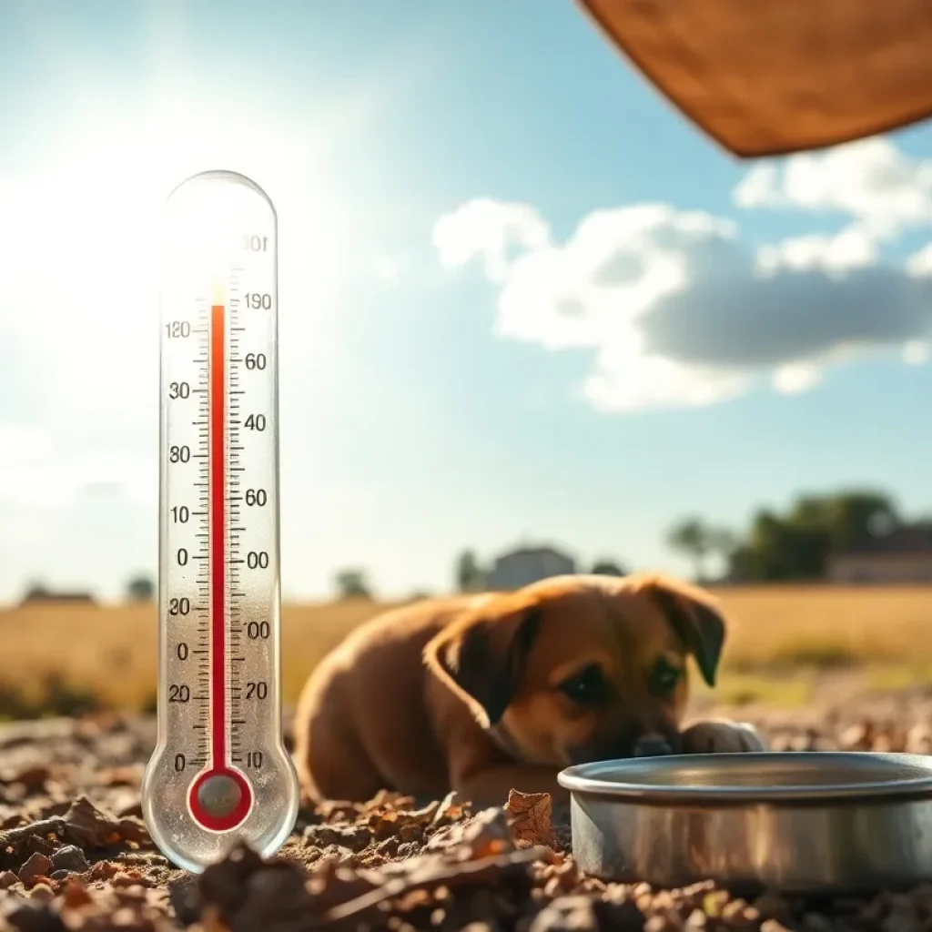 Birmingham landscape during heat wave with thermometer