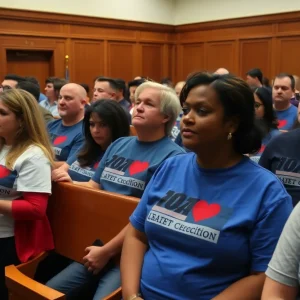 Courtroom scene with attendees wearing tribute shirts for victims