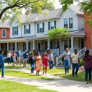 A bustling Birmingham neighborhood with community members participating in revitalization activities.