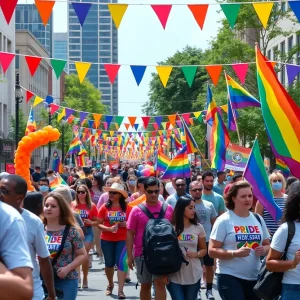 Celebration of Birmingham Pride Month with diverse community members and colorful decorations.