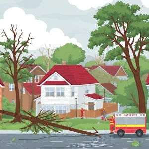 Severe storm damage in Birmingham with fallen trees and emergency responders