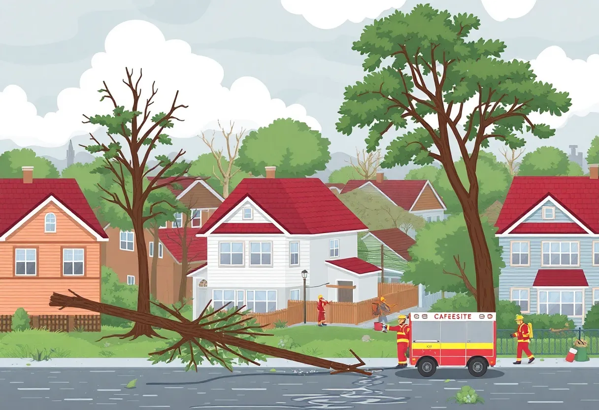 Severe storm damage in Birmingham with fallen trees and emergency responders