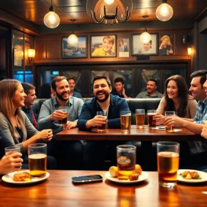 Friends participating in a trivia night at a Birmingham bar