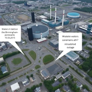 Aerial view of Birmingham showcasing water infrastructure and affected areas for scheduled water outage.