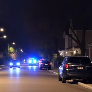 Quiet neighborhood street in Birmingham at night with police lights.