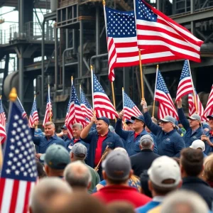 Workers celebrating at a U.S. Steel plant rally