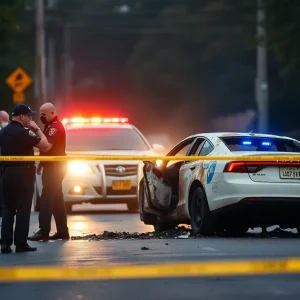 Police officers at a crime scene with a burned vehicle