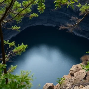 View of a deep quarry in Alabama, highlighting its tranquil yet dangerous waters.