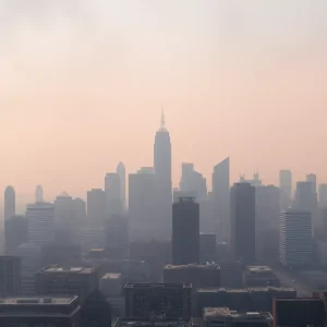 Hazy skyline of Detroit, Michigan affected by air quality issues