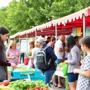 Vibrant farmers market in Birmingham with family-friendly activities and vendor booths.