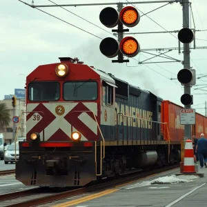 Freight train crossing in an urban area