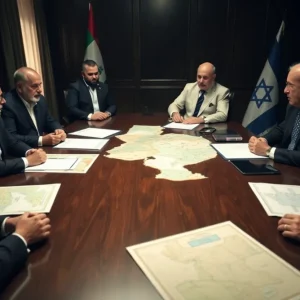 Tense negotiation scene between Hamas representatives and Israeli officials