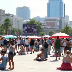 A busy city street during a heatwave, showing people trying to stay cool.