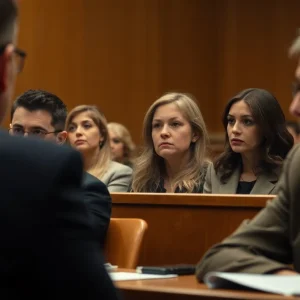 Courtroom scene symbolizing justice and domestic violence