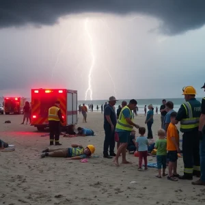 Emergency responders at the beach after a lightning strike incident