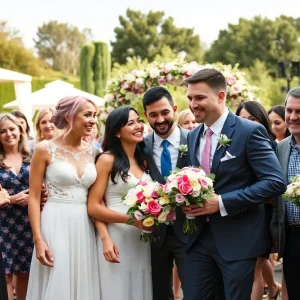 LGBTQ+ couples celebrating marriage in a joyful outdoor ceremony.