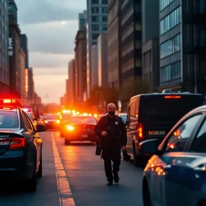 Police conducting a search in an urban area for a suspect.