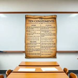 A framed poster of the Ten Commandments on a classroom wall