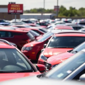 A busy used car lot in Birmingham with various cars on display and a sign indicating rising prices.