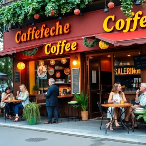 Exterior view of 7 Brew Coffee Shop in Chelsea with patrons enjoying drinks.