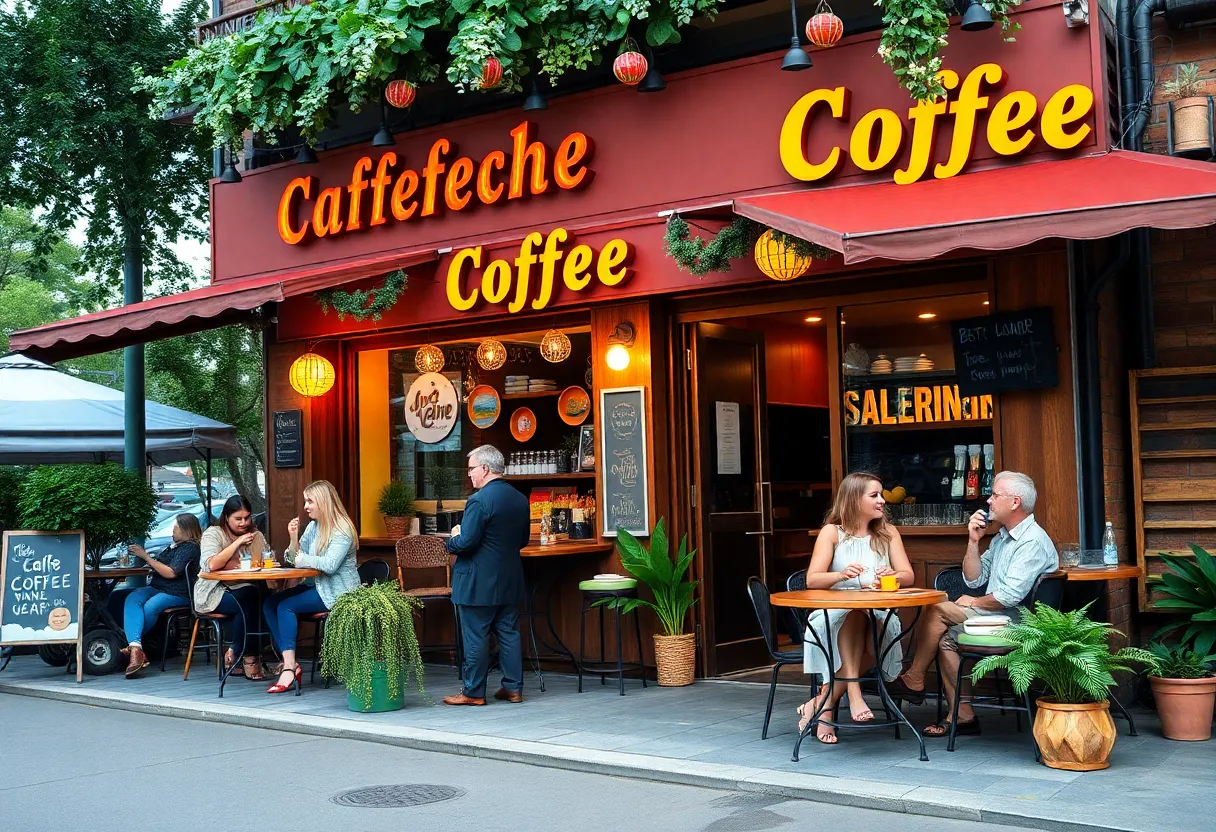Exterior view of 7 Brew Coffee Shop in Chelsea with patrons enjoying drinks.