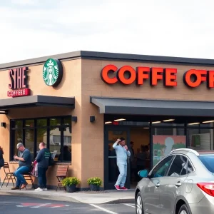 Exterior view of 7 Brew Coffee Shop in Montgomery with customers.