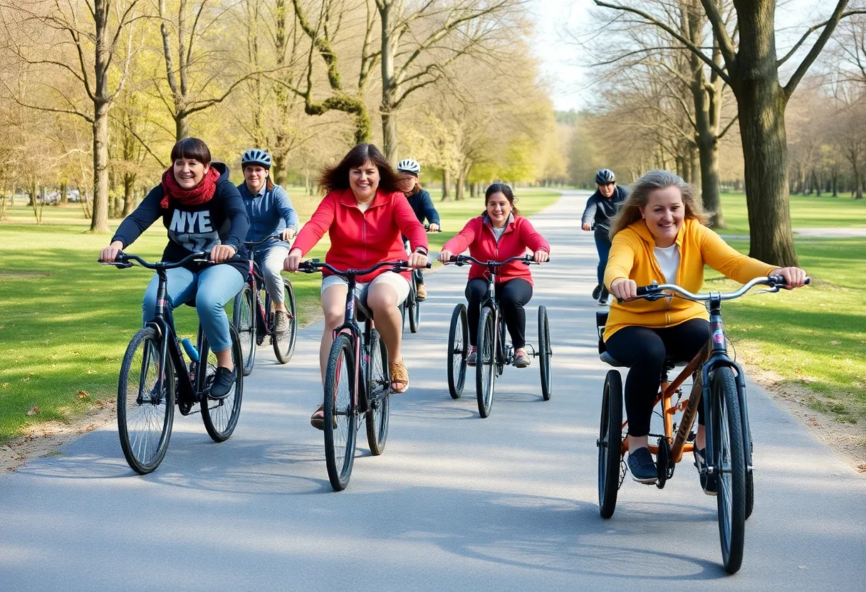 Participants riding adaptive bicycles at Lakeshore Trail