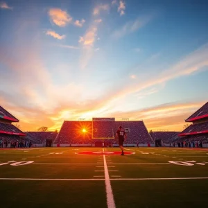 A beautiful sunset over an Alabama football field, symbolizing the love for college sports.