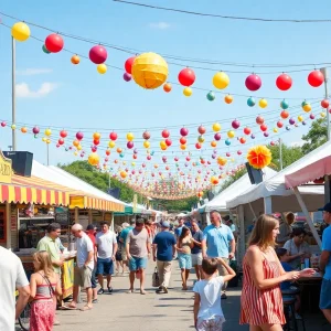 Families and food vendors at a festival in Alabama