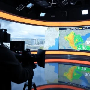 Interior of the Alabama Weather Network studio featuring weather mapping technology.