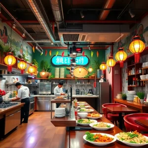 Interior view of Bangkok Street Foods restaurant in Vestavia Hills with chefs cooking