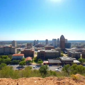 A warm summer day in Birmingham, Alabama, showing clear skies and heat waves.