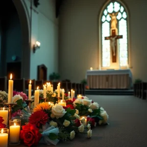 A church with candles and flowers commemorating a church leader.