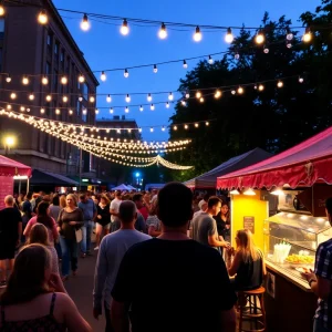 A lively fundraising event at Birmingham Festival Theatre with people enjoying music and snacks.