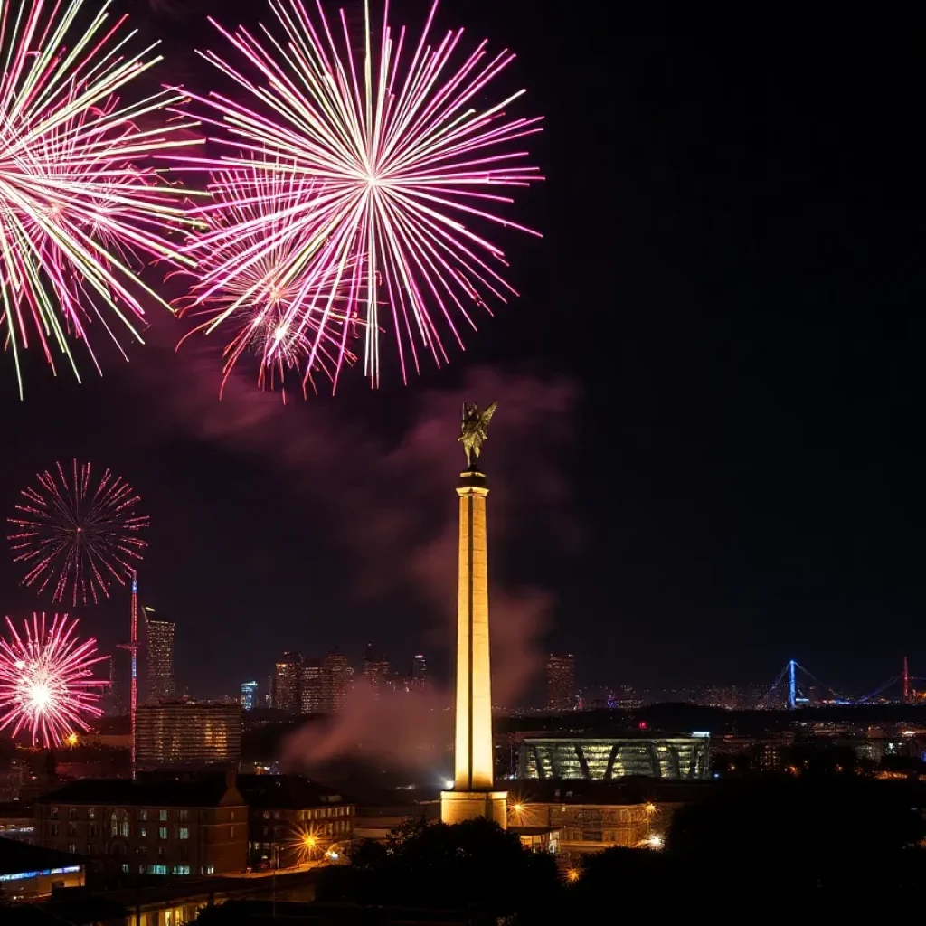 Fireworks show over Birmingham with Vulcan statue