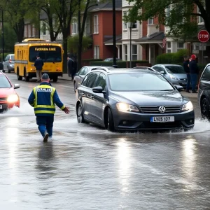 Flooded street in Birmingham during severe weather