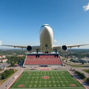 Airplane landing at Shuttlesworth International Airport during football season