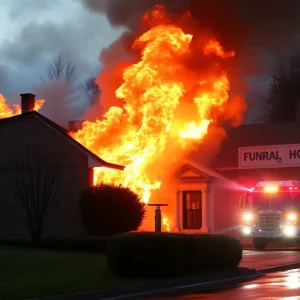 Firefighters responding to a fire at Wren & Son's Funeral Home in Birmingham