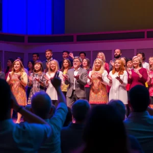 Birmingham Youth Choir performing on stage with audience clapping.
