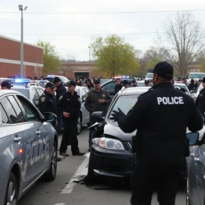 Police investigating a shooting scene at Woodlawn High School with damaged cars.
