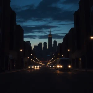 Dark urban street at dusk with a city skyline silhouette.