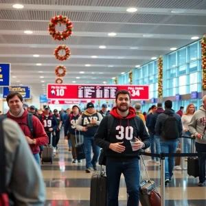 Excited college football fans waiting for their flights at Birmingham airport