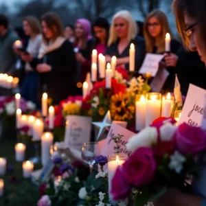 A community gathering with candles in memory of shooting victims.